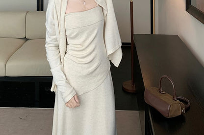 Plain Asymmetrical Slim Fit Cami Top / High Waist Maxi A-Line Skirt / Open Front Cardigan