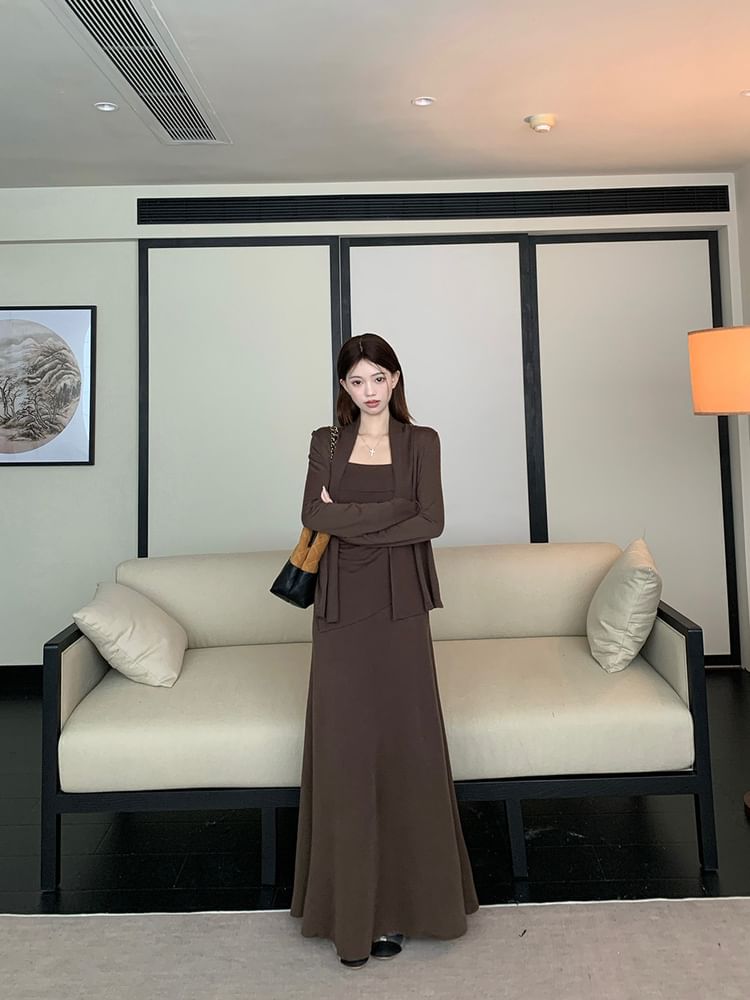 Plain Asymmetrical Slim Fit Cami Top / High Waist Maxi A-Line Skirt / Open Front Cardigan