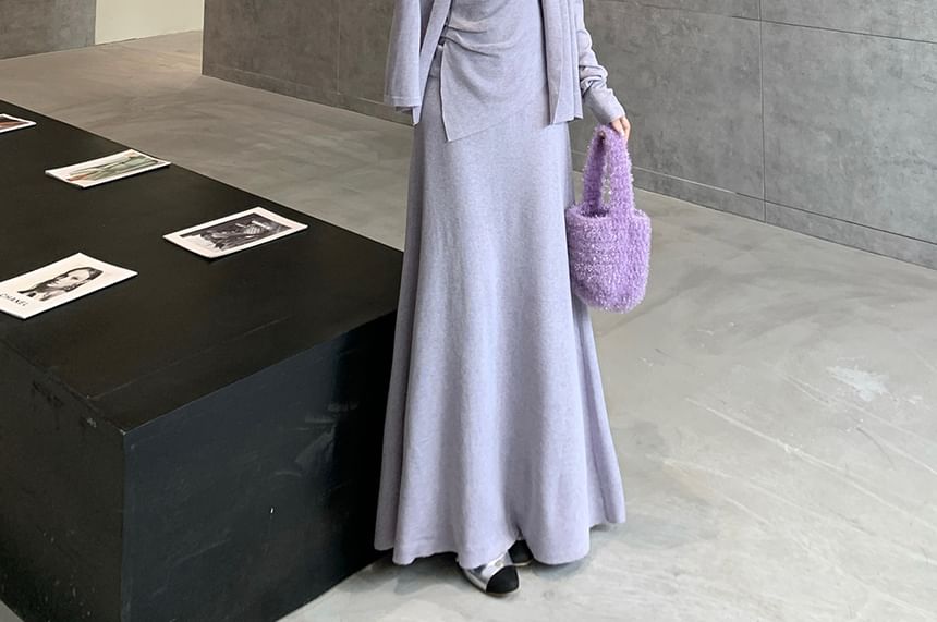 Plain Asymmetrical Slim Fit Cami Top / High Waist Maxi A-Line Skirt / Open Front Cardigan