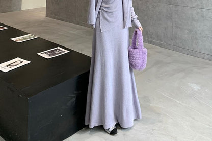 Plain Asymmetrical Slim Fit Cami Top / High Waist Maxi A-Line Skirt / Open Front Cardigan