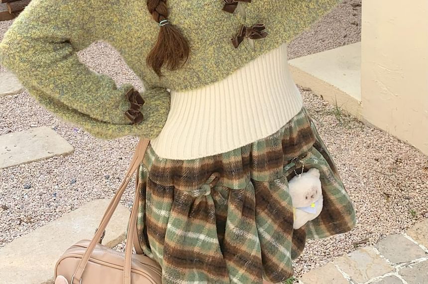 Melange Crop Cardigan / Plaid Mini Pleated Skirt / Sleeveless Collared Top