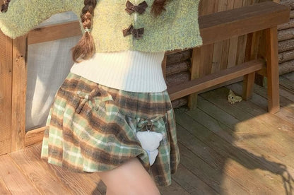Melange Crop Cardigan / Plaid Mini Pleated Skirt / Sleeveless Collared Top