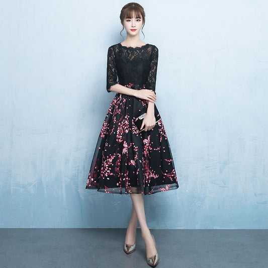 Elbow Sleeve Boat Neck Floral Print Panel Lace Midi A-Line Cocktail Dress
