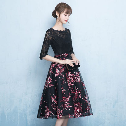 Elbow Sleeve Boat Neck Floral Print Panel Lace Midi A-Line Cocktail Dress