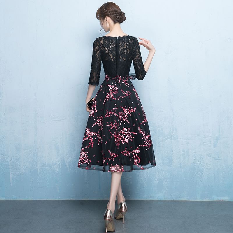 Elbow Sleeve Boat Neck Floral Print Panel Lace Midi A-Line Cocktail Dress