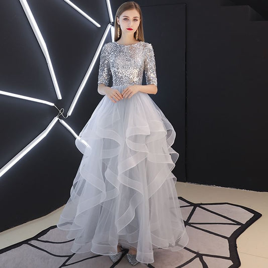 Short Sleeve Round Neck Sequin Ruffle Panel Mesh A-Line Evening Gown