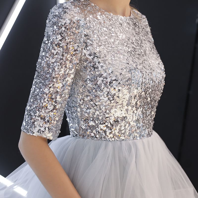 Short Sleeve Round Neck Sequin Ruffle Panel Mesh A-Line Evening Gown