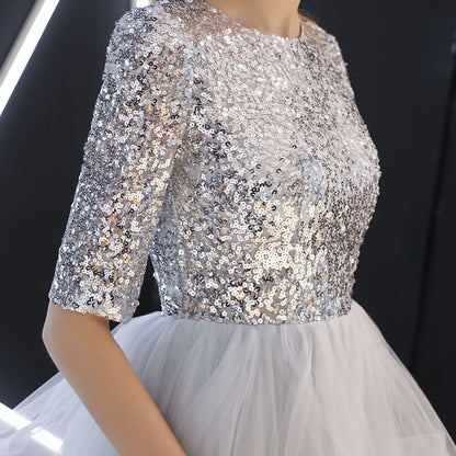 Short Sleeve Round Neck Sequin Ruffle Panel Mesh A-Line Evening Gown
