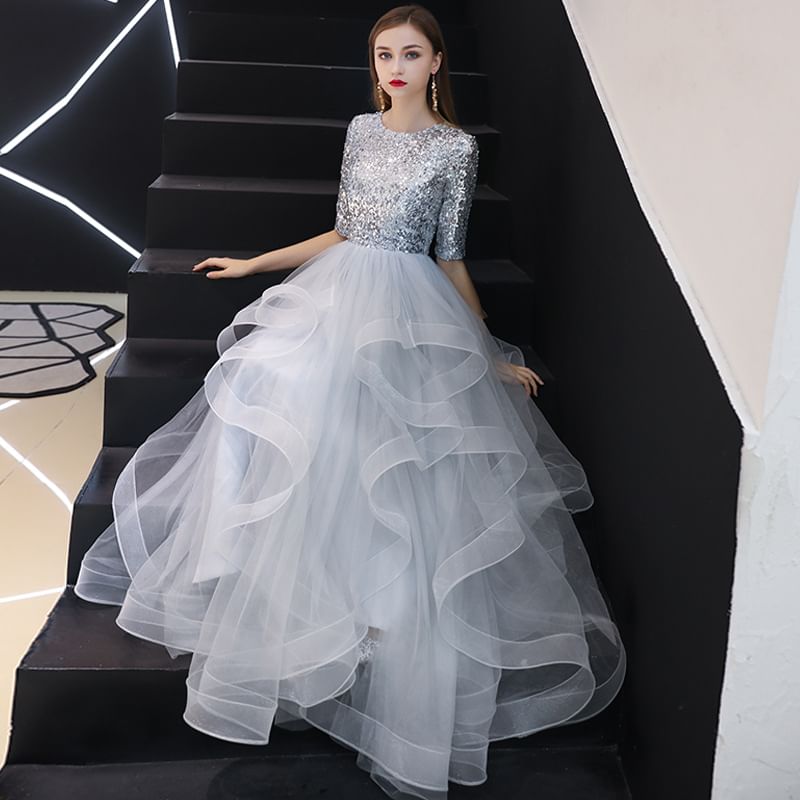 Short Sleeve Round Neck Sequin Ruffle Panel Mesh A-Line Evening Gown