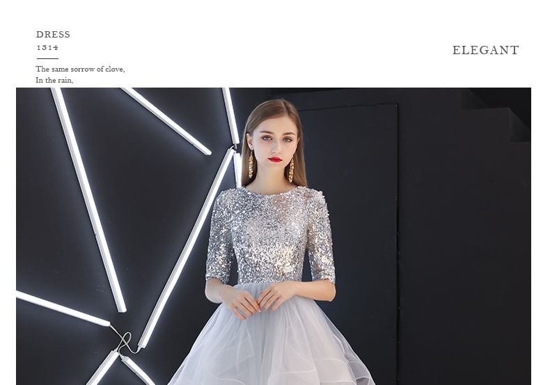 Short Sleeve Round Neck Sequin Ruffle Panel Mesh A-Line Evening Gown