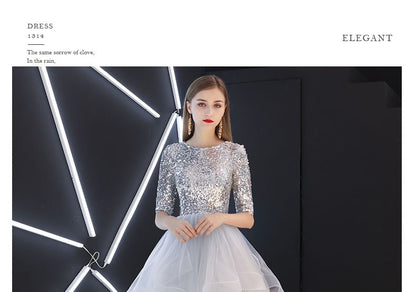 Short Sleeve Round Neck Sequin Ruffle Panel Mesh A-Line Evening Gown