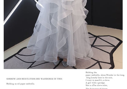 Short Sleeve Round Neck Sequin Ruffle Panel Mesh A-Line Evening Gown