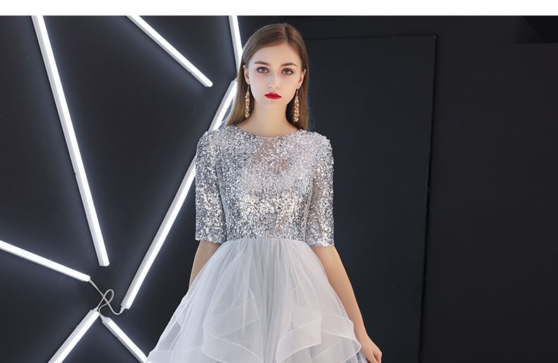 Short Sleeve Round Neck Sequin Ruffle Panel Mesh A-Line Evening Gown