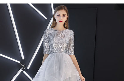Short Sleeve Round Neck Sequin Ruffle Panel Mesh A-Line Evening Gown