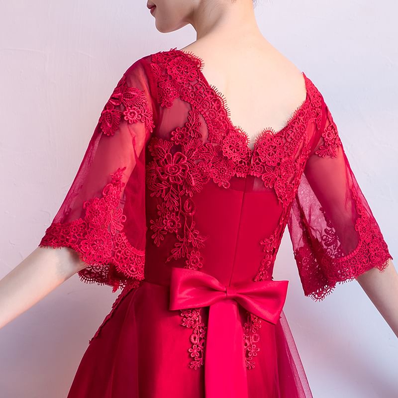 Elbow Sleeve V-Neck Plain Lace Applique Mesh Midi A-Line Cocktail Dress