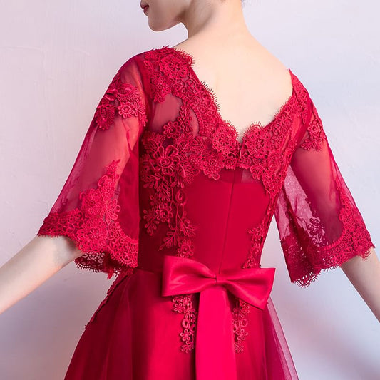 Elbow Sleeve V-Neck Plain Lace Applique Mesh Midi A-Line Cocktail Dress