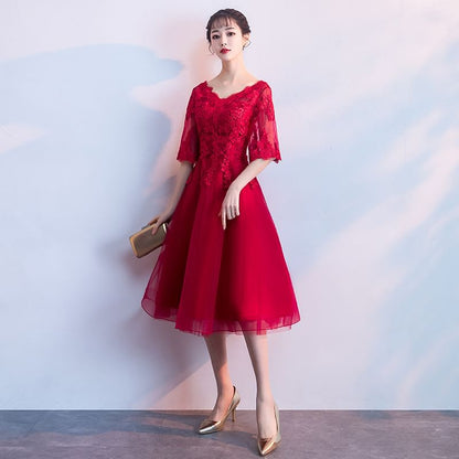 Elbow Sleeve V-Neck Plain Lace Applique Mesh Midi A-Line Cocktail Dress