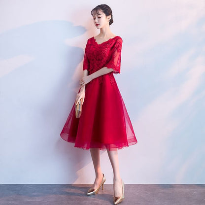 Elbow Sleeve V-Neck Plain Lace Applique Mesh Midi A-Line Cocktail Dress