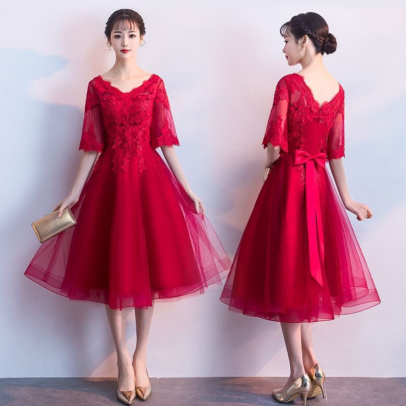 Elbow Sleeve V-Neck Plain Lace Applique Mesh Midi A-Line Cocktail Dress