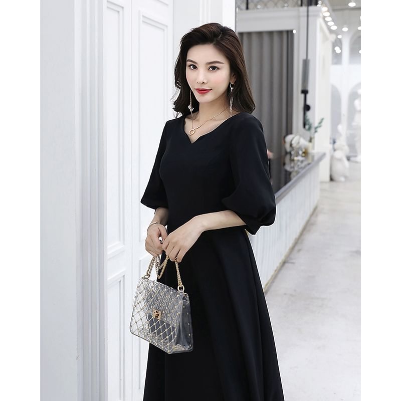 Elbow Sleeve V-Neck Plain Maxi A-Line Cocktail Dress