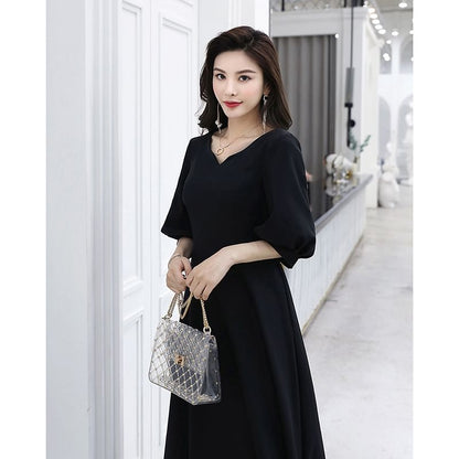 Elbow Sleeve V-Neck Plain Maxi A-Line Cocktail Dress