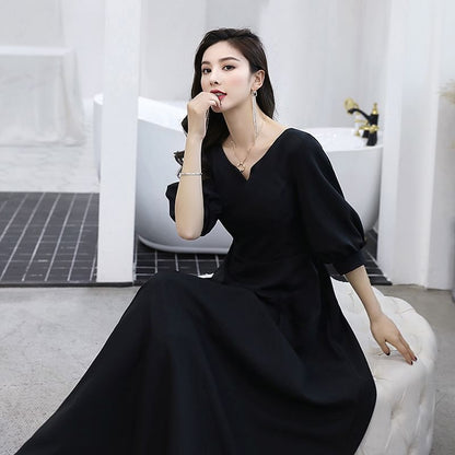 Elbow Sleeve V-Neck Plain Maxi A-Line Cocktail Dress