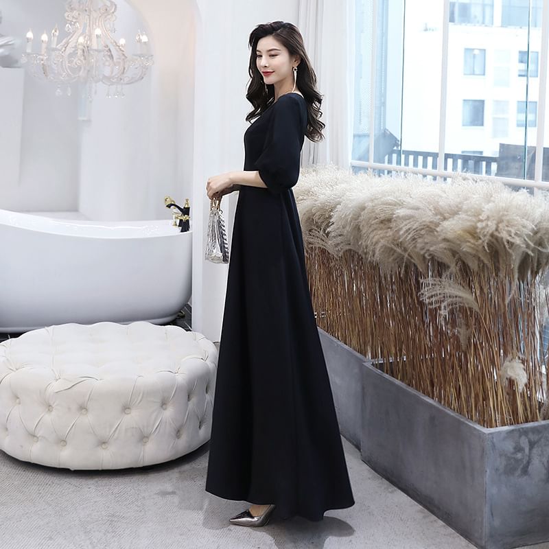 Elbow Sleeve V-Neck Plain Maxi A-Line Cocktail Dress