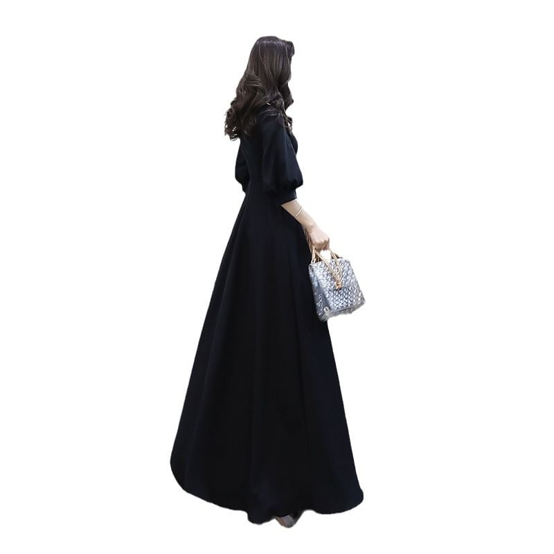 Elbow Sleeve V-Neck Plain Maxi A-Line Cocktail Dress