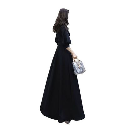 Elbow Sleeve V-Neck Plain Maxi A-Line Cocktail Dress