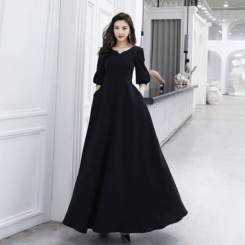 Elbow Sleeve V-Neck Plain Maxi A-Line Cocktail Dress