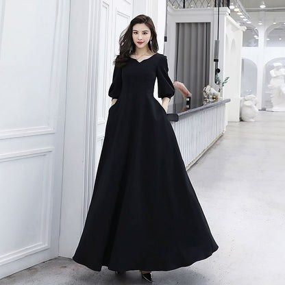 Elbow Sleeve V-Neck Plain Maxi A-Line Cocktail Dress