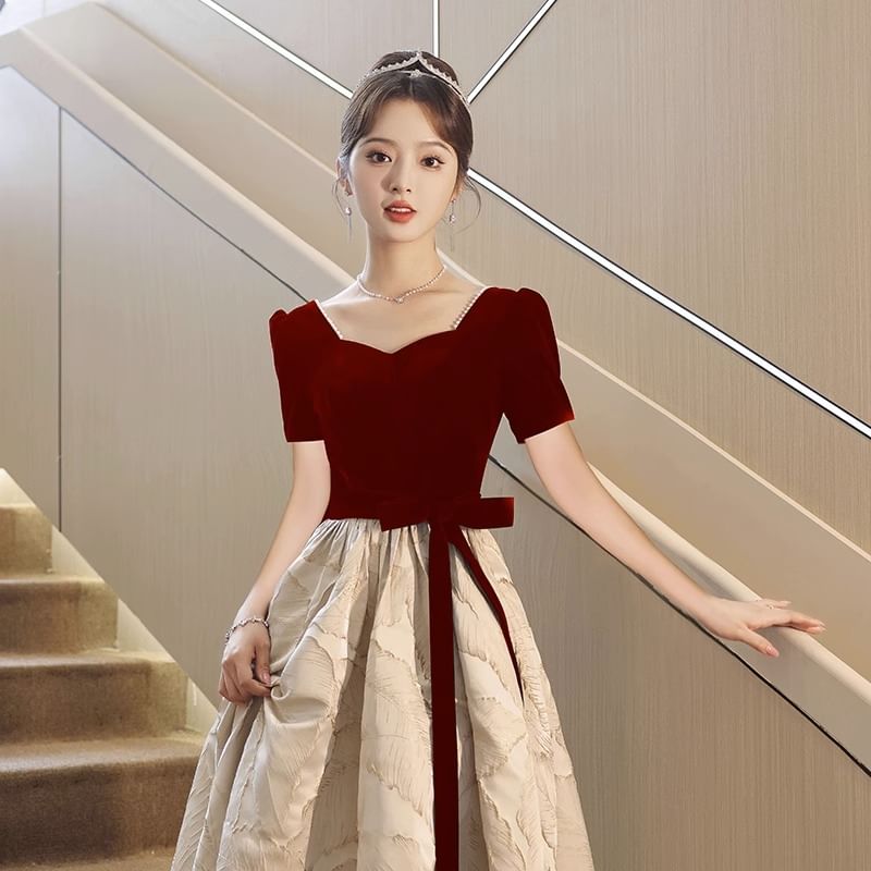 / Dress Jacquard (Various Midi Gown A-Line Bow Panel Evening Cocktail Neck Designs) Sweetheart