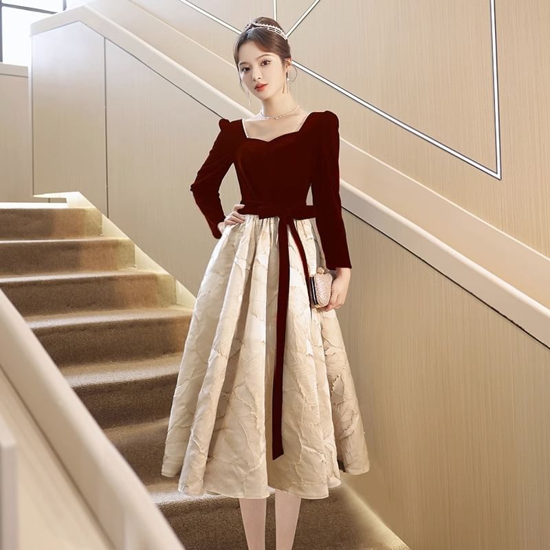 / Dress Jacquard (Various Midi Gown A-Line Bow Panel Evening Cocktail Neck Designs) Sweetheart