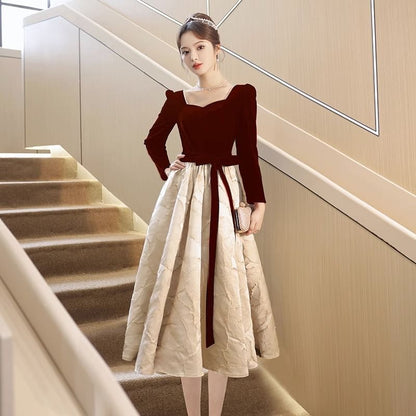 / Dress Jacquard (Various Midi Gown A-Line Bow Panel Evening Cocktail Neck Designs) Sweetheart