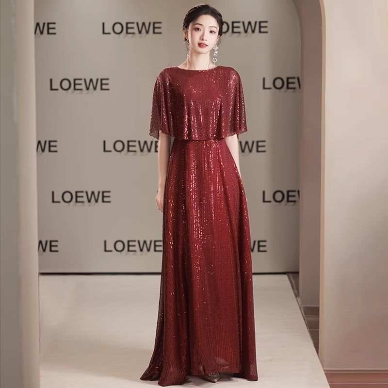 Cape Sleeve Round Neck Plain Panel Sequin A-Line Evening Gown