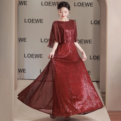 Cape Sleeve Round Neck Plain Panel Sequin A-Line Evening Gown
