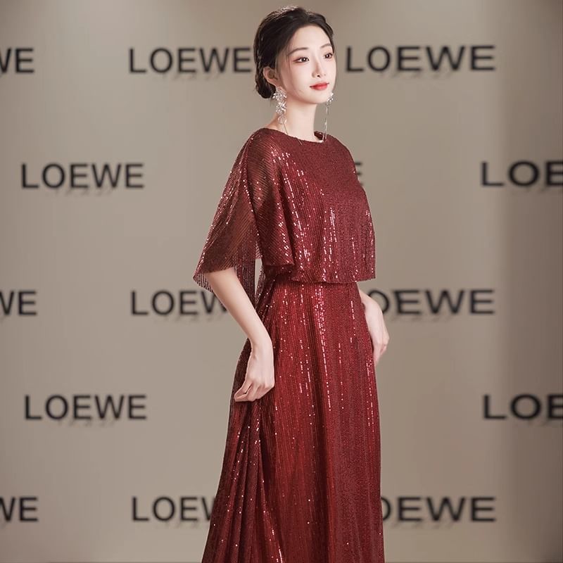 Plain Neck A-Line Gown Sleeve Panel Sequin Cape Evening Round