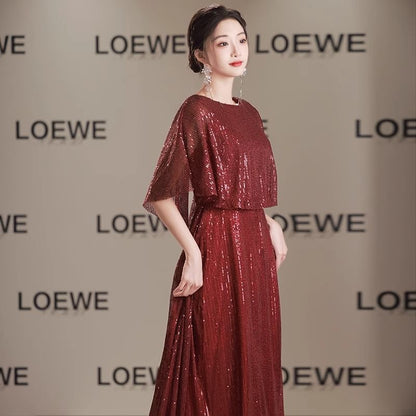 Plain Neck A-Line Gown Sleeve Panel Sequin Cape Evening Round