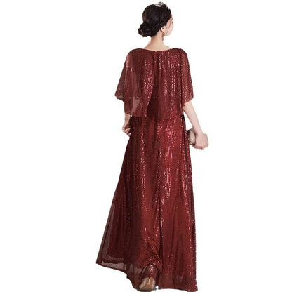 Plain Neck A-Line Gown Sleeve Panel Sequin Cape Evening Round