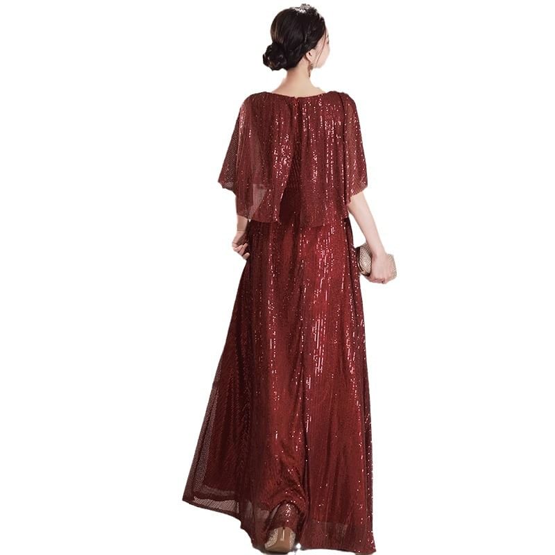 Cape Sleeve Round Neck Plain Panel Sequin A-Line Evening Gown