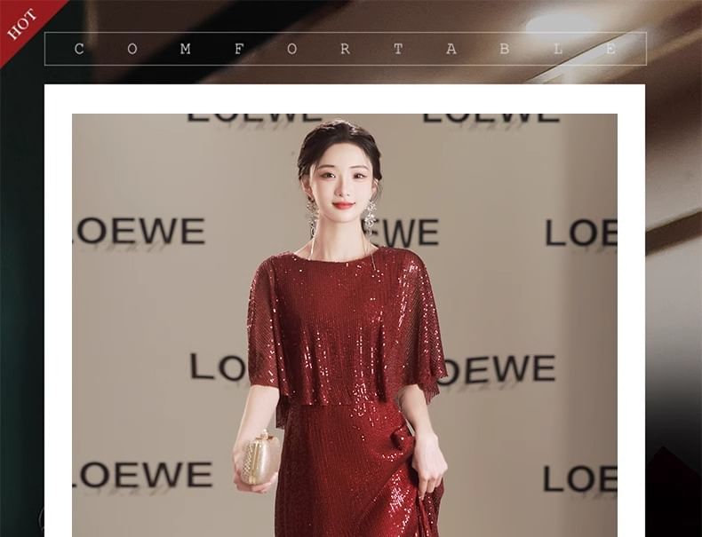 Cape Sleeve Round Neck Plain Panel Sequin A-Line Evening Gown