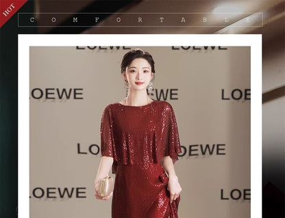 Cape Sleeve Round Neck Plain Panel Sequin A-Line Evening Gown