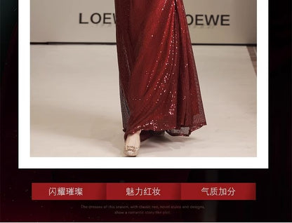Plain Neck A-Line Gown Sleeve Panel Sequin Cape Evening Round