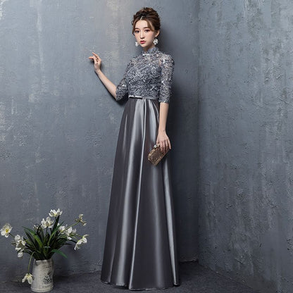 Elbow Sleeve Stand Collar Floral Embroidered Applique Panel Satin A-Line Evening Gown