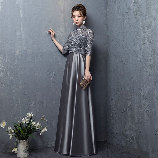 Elbow Sleeve Stand Collar Floral Embroidered Applique Panel Satin A-Line Evening Gown
