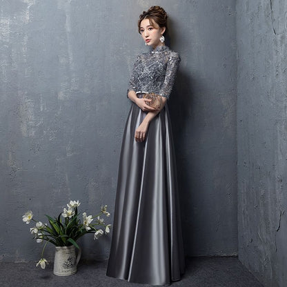 Elbow Sleeve Stand Collar Floral Embroidered Applique Panel Satin A-Line Evening Gown
