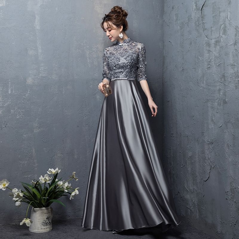 Elbow Sleeve Stand Collar Floral Embroidered Applique Panel Satin A-Line Evening Gown