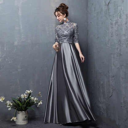 Elbow Sleeve Stand Collar Floral Embroidered Applique Panel Satin A-Line Evening Gown