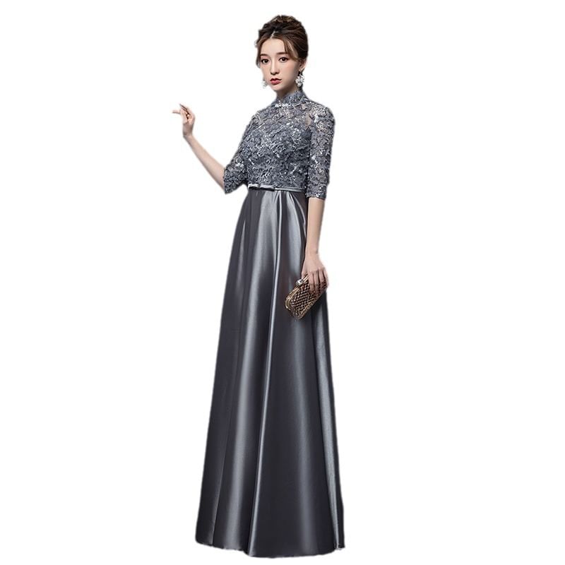 Elbow Sleeve Stand Collar Floral Embroidered Applique Panel Satin A-Line Evening Gown