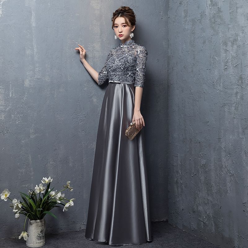 Elbow Sleeve Stand Collar Floral Embroidered Applique Panel Satin A-Line Evening Gown